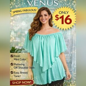 Venus Women's Mint Green Off Shoulder Stretch Pleated Flutter Tunic Top Size 1X